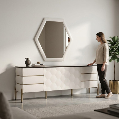 Moderne eetkamer set Ontwerper Wit dressoir Grote spiegel 2-delig