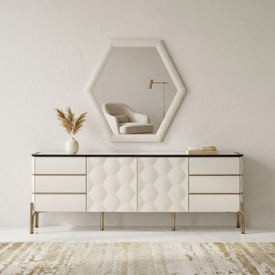 Moderne eetkamer set Ontwerper Wit dressoir Grote spiegel 2-delig