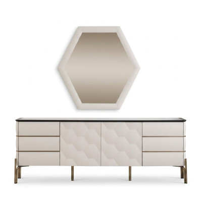 Moderne eetkamer set Ontwerper Wit dressoir Grote spiegel 2-delig