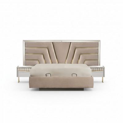 Beige slaapkamer bed, designer, 2x nachtkastjes, stijlvolle set van 3 delen.