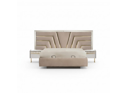 Beige slaapkamer bed, designer, 2x nachtkastjes, stijlvolle set van 3 delen.