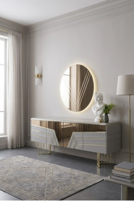 Moderne zilveren dressoir ronde spiegel LED-verlichting ontwerper 2-delige set