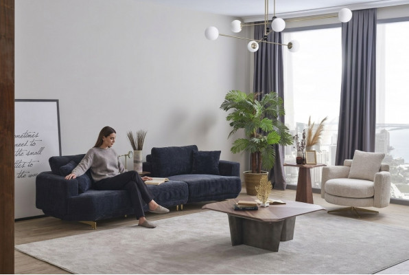 Blauwe driezitter Witte fauteuil Designer woonkamerbank 2-delig