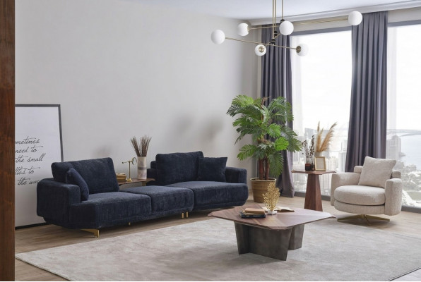 Blauwe driezitter Witte fauteuil Designer woonkamerbank 2-delig