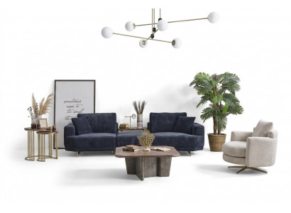 Blauwe driezitter Witte fauteuil Designer woonkamerbank 2-delig