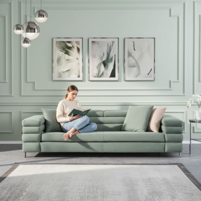 Groene woonkamer bank met houten frame, ontworpen voor 4 personen, stoffen bankstel modern.