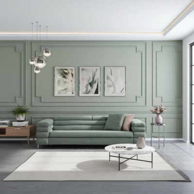 Groene woonkamer bank met houten frame, ontworpen voor 4 personen, stoffen bankstel modern.