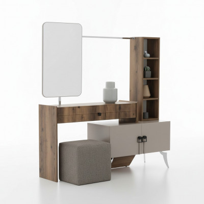 Moderne slaapkamer houten make-uptafel met spiegel, ontwerper luxe meubels.
