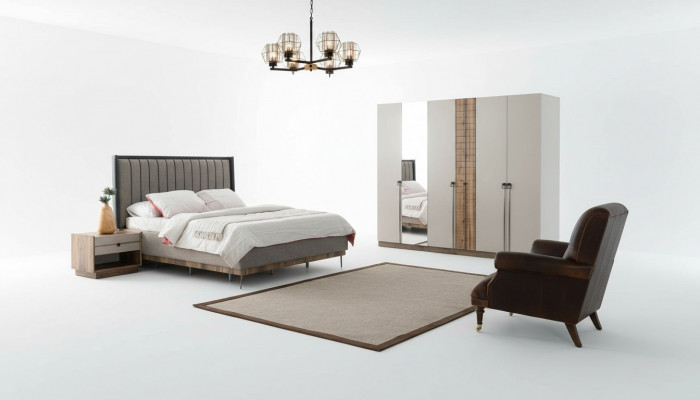 Slaapkamer moderne set textiel tweepersoonsbed hout kledingkast 4-delig