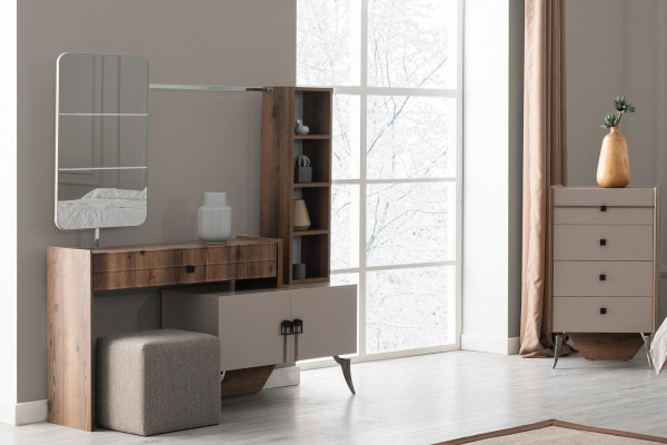 Grijze slaapkamer set met tweepersoonsbed, 2 nachtkastjes van hout en kaptafel.
