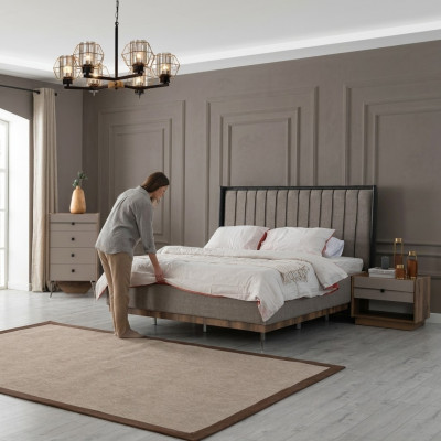 Grijze slaapkamer bed ontwerper houten frame Luxe stoffen bedden Bedden