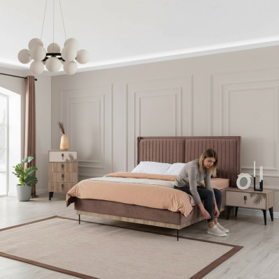 Bruine slaapkamer tweepersoonsbed ontwerper hout Moderne 2x nachtkastjes.