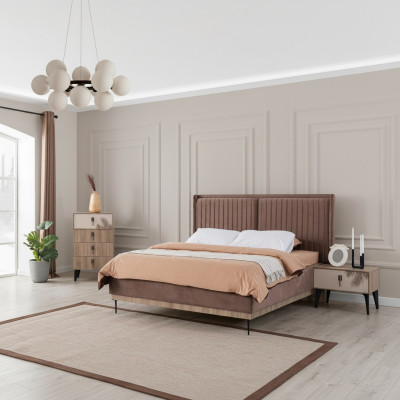 Bruine slaapkamer tweepersoonsbed ontwerper hout Moderne 2x nachtkastjes.