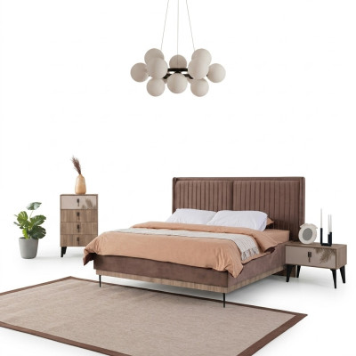 Bruine slaapkamer tweepersoonsbed ontwerper hout Moderne 2x nachtkastjes.