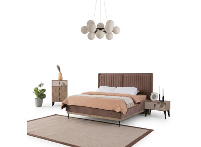 Bruine slaapkamer tweepersoonsbed ontwerper hout Moderne 2x nachtkastjes.