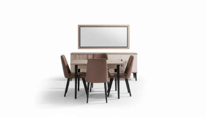 Bruine eetkamerset luxe eettafel 4 stoelen dressoir spiegel