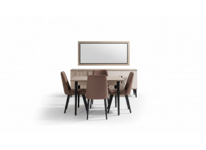Bruine eetkamerset luxe eettafel 4 stoelen dressoir spiegel