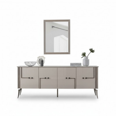 Moderne eetkamerset met design dressoir met 4 deuren, luxe spiegel, 2-delig.