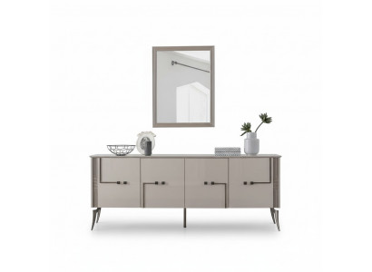 Moderne eetkamerset met design dressoir met 4 deuren, luxe spiegel, 2-delig.