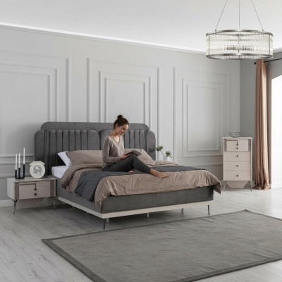 Slaapkamer Modern Set Grijs Tweepersoonsbed 2x Design Nachtkastjes 3-delig