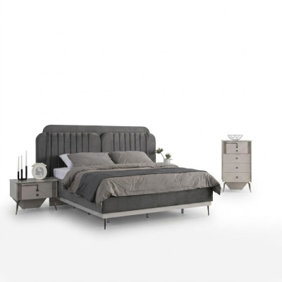 Slaapkamer Modern Set Grijs Tweepersoonsbed 2x Design Nachtkastjes 3-delig