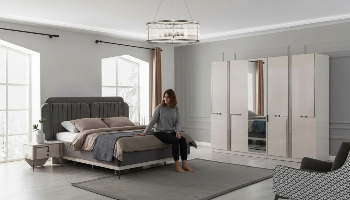 Moderne slaapkamer set, tweepersoonsbed, nachtkastje, kledingkast, luxe