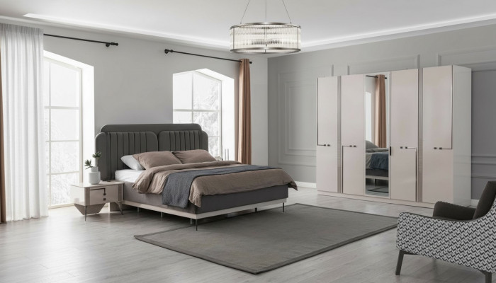 Moderne slaapkamer set, tweepersoonsbed, nachtkastje, kledingkast, luxe