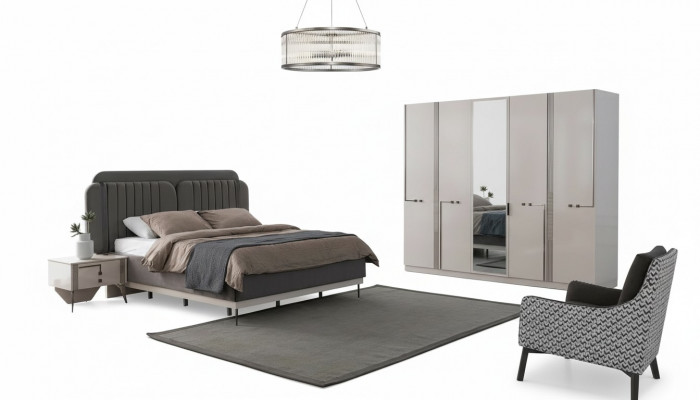 Moderne slaapkamer set, tweepersoonsbed, nachtkastje, kledingkast, luxe