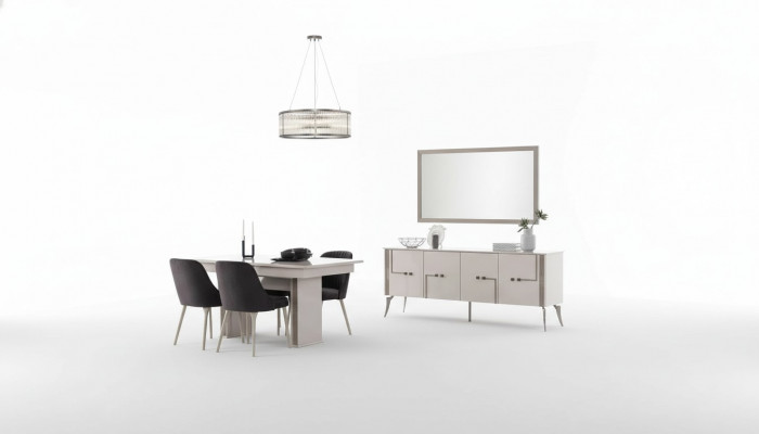 Oudwitte eetkamerset Grote eettafel 4x textiel stoelen dressoir