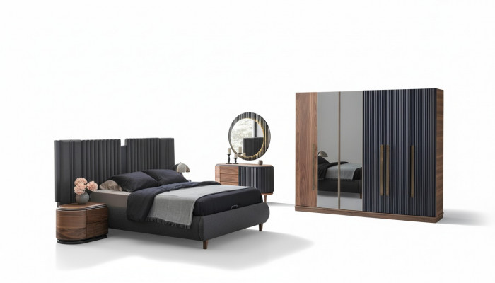 Zwart-beige slaapkamer set, ontwerper tweepersoonsbed, 2 nachtkastjes.