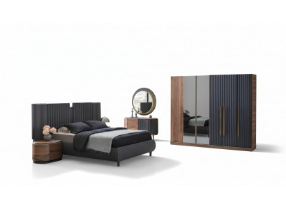 Zwart-beige slaapkamer set, ontwerper tweepersoonsbed, 2 nachtkastjes.