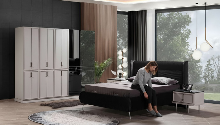 Moderne zwart-witte slaapkamer meubels, gestoffeerd bed, nachtkastjes 4-delig.