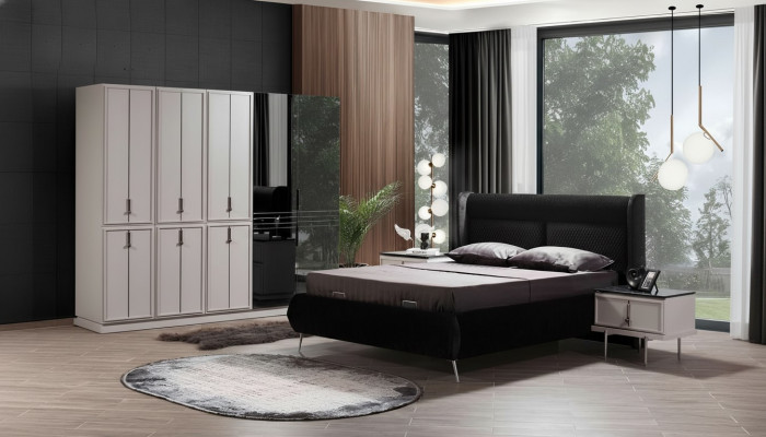 Moderne zwart-witte slaapkamer meubels, gestoffeerd bed, nachtkastjes 4-delig.