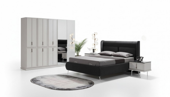 Moderne zwart-witte slaapkamer meubels, gestoffeerd bed, nachtkastjes 4-delig.