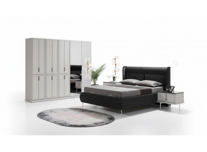 Moderne zwart-witte slaapkamer meubels, gestoffeerd bed, nachtkastjes 4-delig.