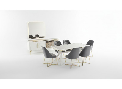 Witte-grijze eetkamerset Houten tafel 6x textiel stoelen dressoir 9-delig