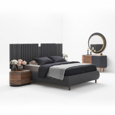 Moderne Grijze Slaapkamer Set Stoffen Bed Houten Nachtkastjes Commode