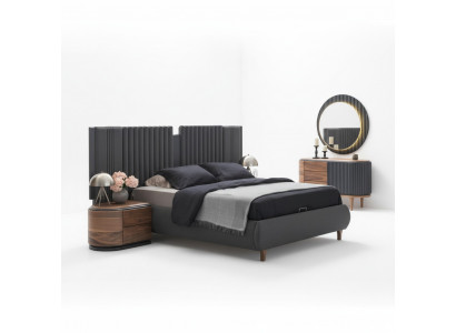Moderne Grijze Slaapkamer Set Stoffen Bed Houten Nachtkastjes Commode
