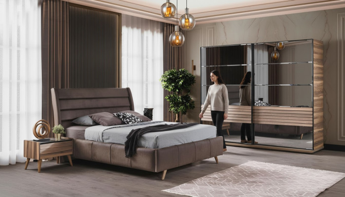Moderne slaapkamer meubels Gestoffeerd tweepersoonsbed Houten nachtkastjes Kast