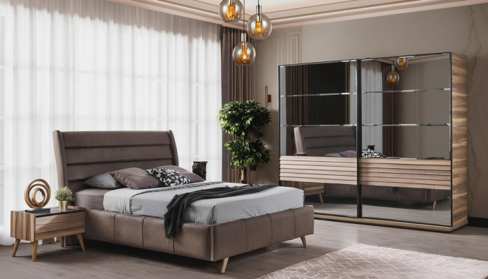 Moderne slaapkamer meubels Gestoffeerd tweepersoonsbed Houten nachtkastjes Kast