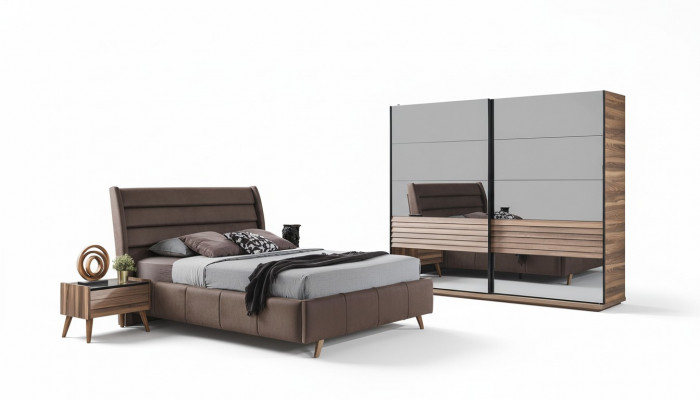 Moderne slaapkamer meubels Gestoffeerd tweepersoonsbed Houten nachtkastjes Kast