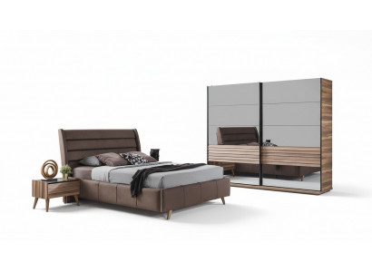 Moderne slaapkamer meubels Gestoffeerd tweepersoonsbed Houten nachtkastjes Kast