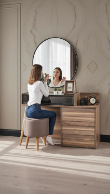 Bruine houten kaptafel met ronde spiegel, ontwerpersslaapkamer 2-delige setconsole.
