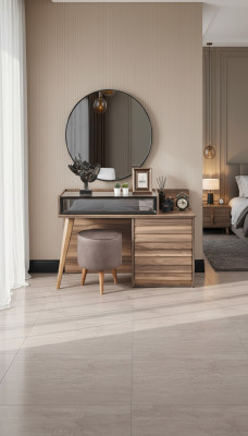 Bruine houten kaptafel met ronde spiegel, ontwerpersslaapkamer 2-delige setconsole.