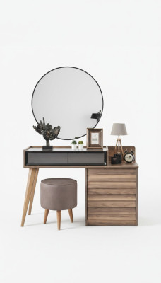 Bruine houten kaptafel met ronde spiegel, ontwerpersslaapkamer 2-delige setconsole.