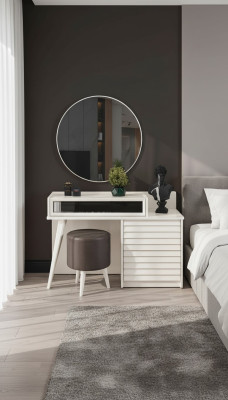 Witte make-uptafel met laden Ronde fauteuil Console Luxe poef 3-dlg.