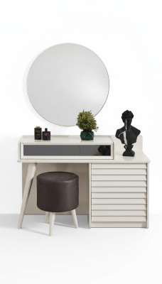 Witte make-uptafel met laden Ronde fauteuil Console Luxe poef 3-dlg.