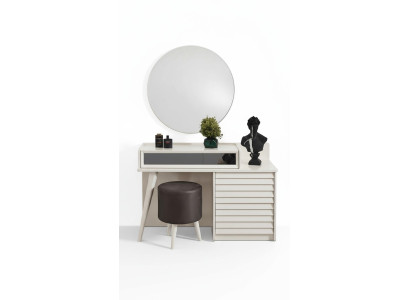 Witte make-uptafel met laden Ronde fauteuil Console Luxe poef 3-dlg.