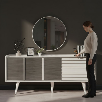 Wit dressoir Luxe ronde spiegel Designer houten meubels 2-delig set Nieuw