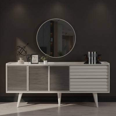 Wit dressoir Luxe ronde spiegel Designer houten meubels 2-delig set Nieuw